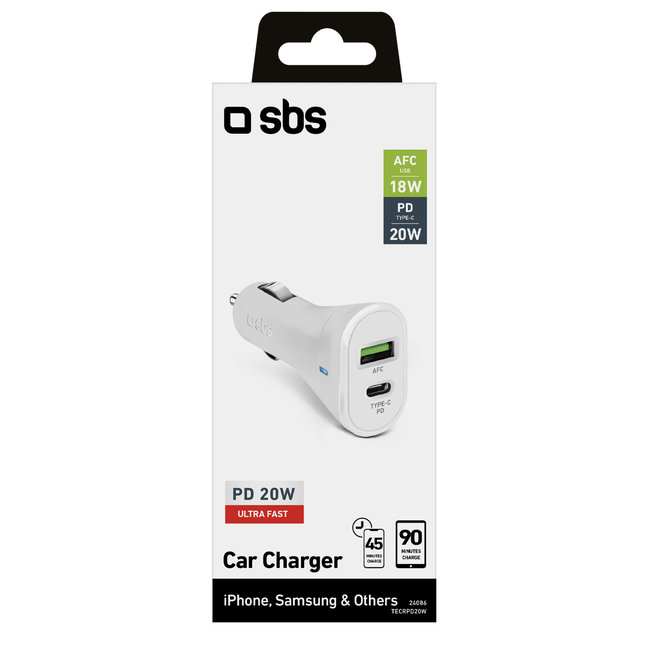 SBS - Autonabíjačka USB-C PD 20 W/USB-A AFC 18 W, biela