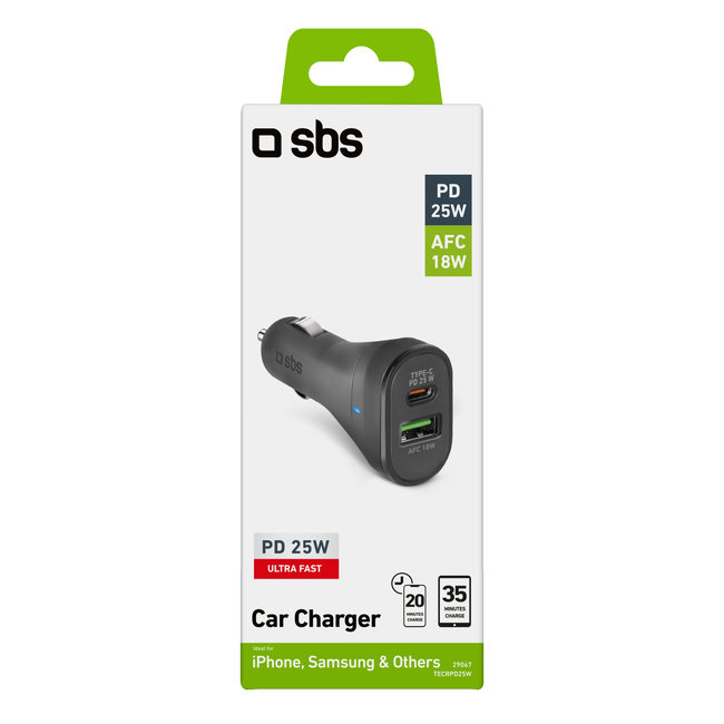 SBS - Autoadaptér USB-A/USB-C, PD, 25 W, čierna