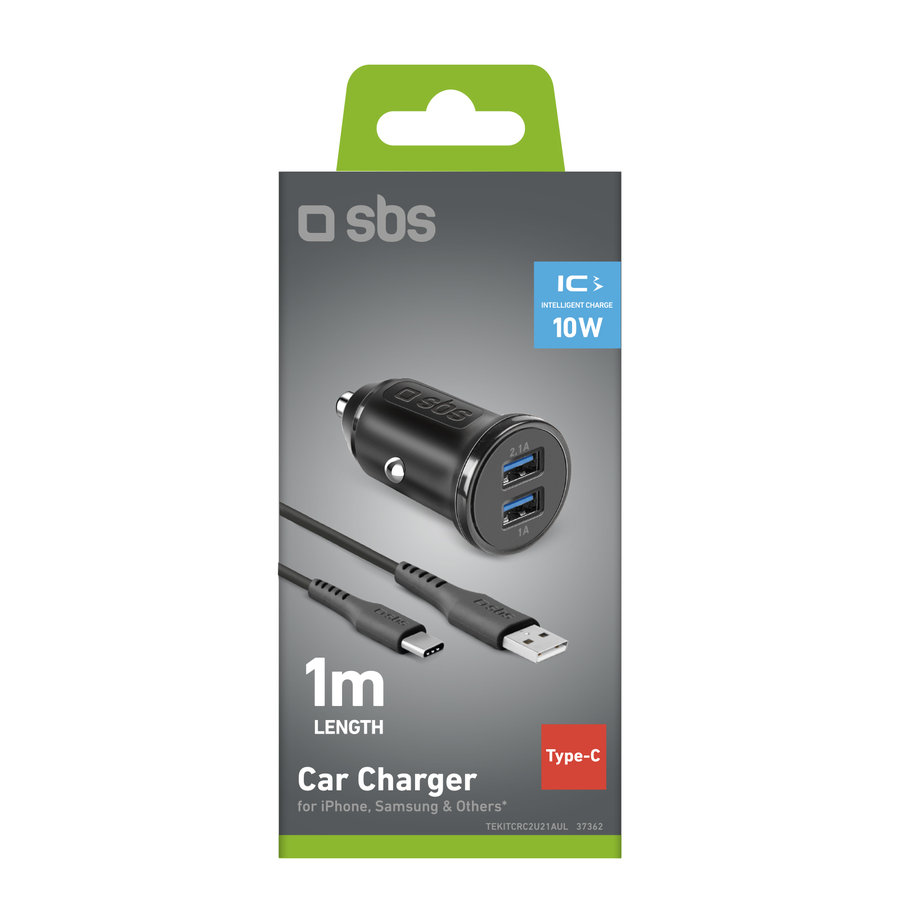 SBS - Nabíjacia sada do auta 2xUSB-A/USB-C, dĺžka 1m, 2,1 A/1 A, 12/24V, čierna