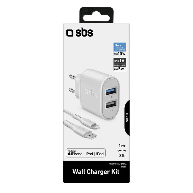 SBS - Cestovná nabíjacia sada, Ultra Fast Charge, 2x USB-A/Lightning MFI C-89 kábel, biela