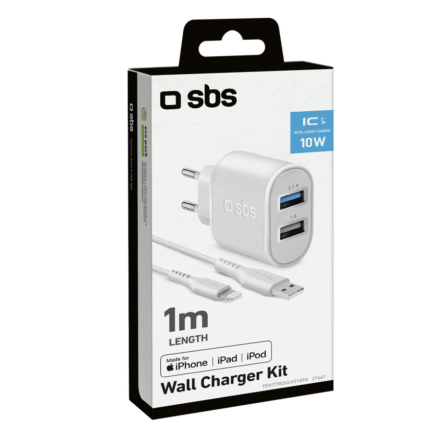 SBS - Cestovná nabíjacia sada, Ultra Fast Charge, 2x USB-A/Lightning MFI C-89 kábel, biela