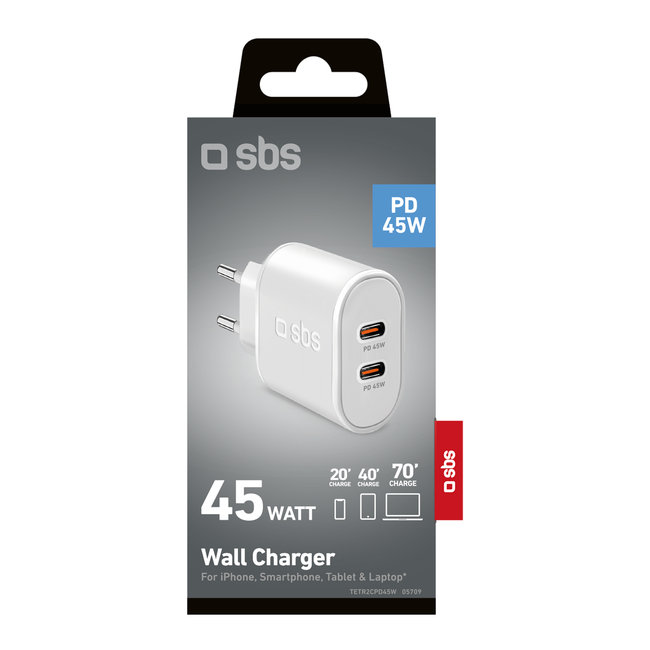 SBS - Cestovný adaptér 2x USB-C, 45 W, PD, biela
