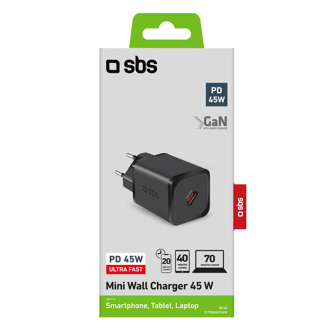 SBS - Cestovný adaptér Mini USB-C, GaN, 45 W, PD, čierna