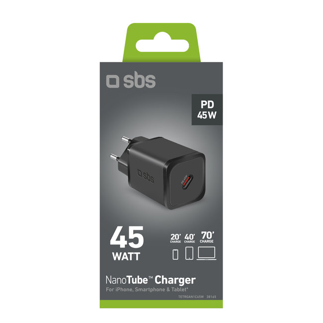 SBS - Cestovný adaptér Mini USB-C, GaN, 45 W, PD, čierna