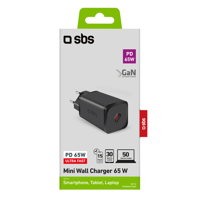 SBS - Cestovný adaptér Mini USB-C, GaN, 65 W, PD, čierna