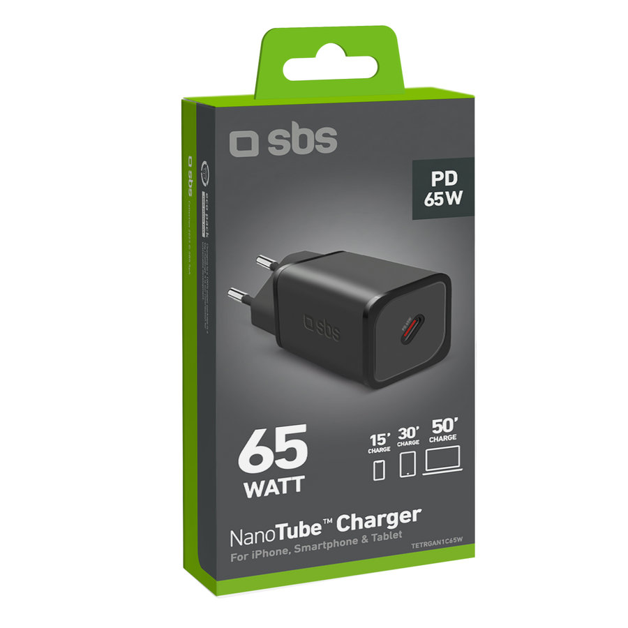 SBS - Cestovný adaptér Mini USB-C, GaN, 65 W, PD, čierna