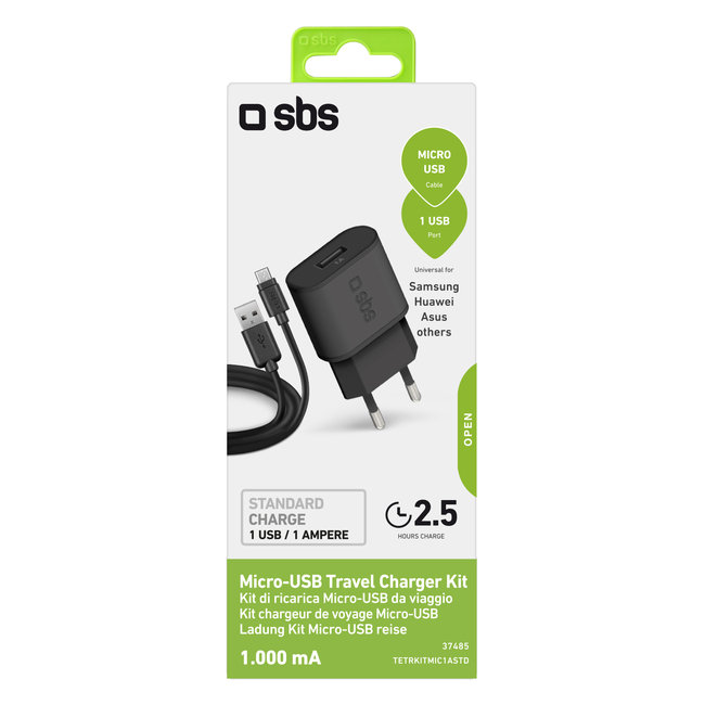 SBS - Cestovná nabíjacia sada USB-A/Micro USB, 1 A, 100/250V, čierna