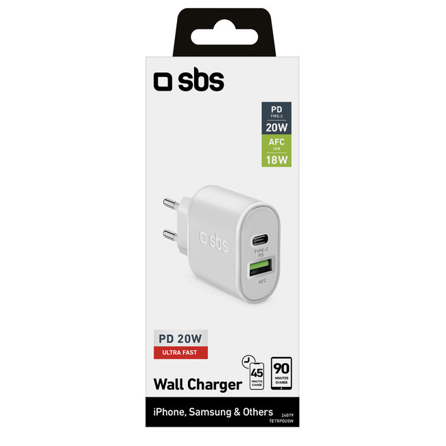 SBS - Cestovný adaptér USB-C PD 20 W/USB-A AFC 18 W, biela