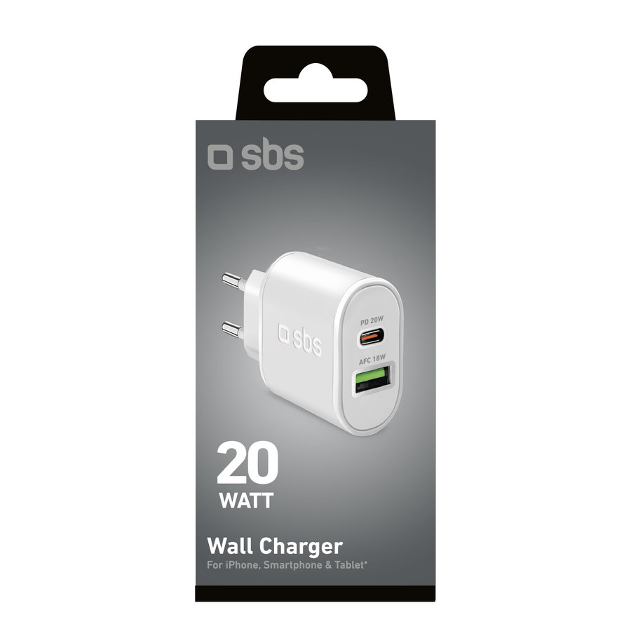 SBS - Cestovný adaptér USB-C PD 20 W/USB-A AFC 18 W, biela