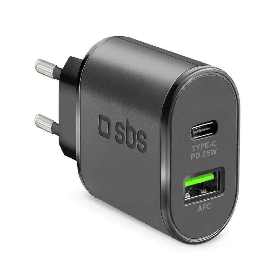 SBS - Cestovný adaptér USB-A AFC/USB-C, PD 25W, čierna