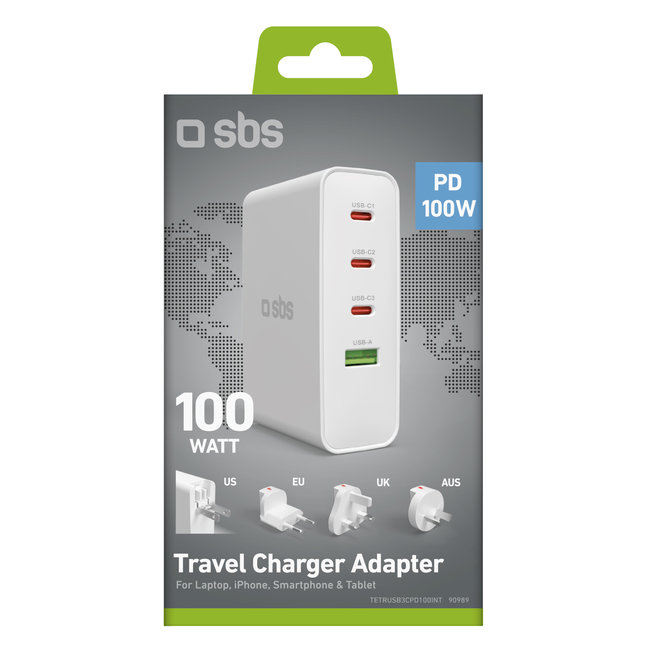SBS - Cestovný nabíjací adaptér pre US/EU/UK/AUS 3x USB-C/USB-A, PD 100 W, biela