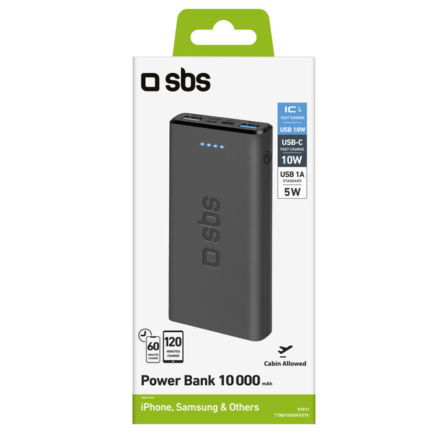 SBS - PowerBank 10000 mAh 10 W, Intelligent Charge, USB-C/2x USB-A, čierna