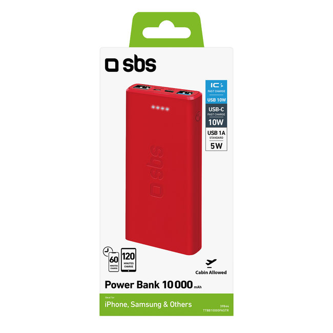 SBS - PowerBank 10000 mAh 10 W, Intelligent Charge, USB-C/2x USB-A, červená