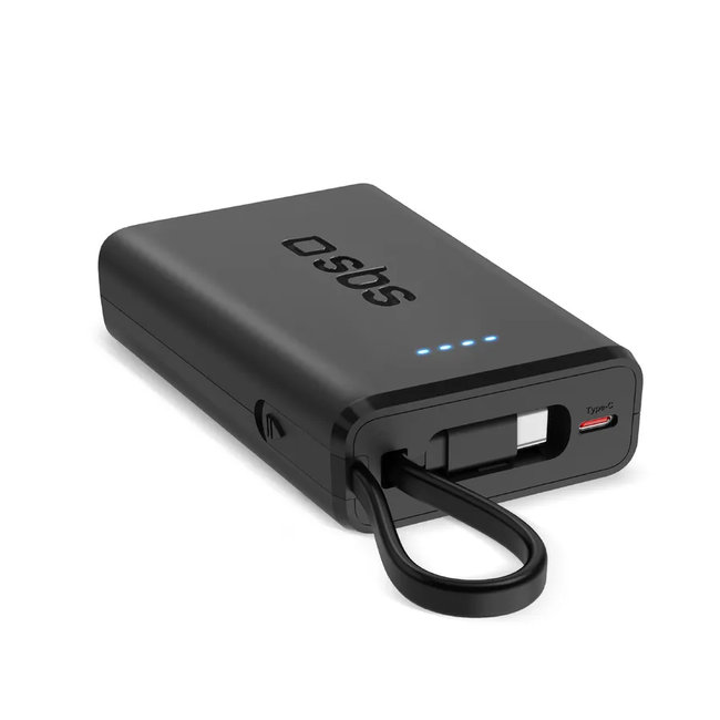 SBS - Powerbank 10000 mAh 20 W, Power Delivery, s integrovaným káblom, 2x USB-C/USB-A, čierna