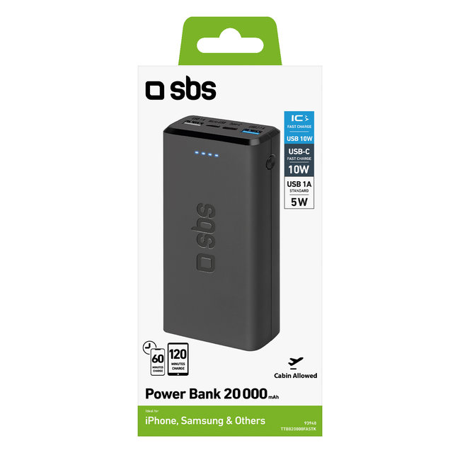 SBS - PowerBank 20000 mAh 10 W, Intelligent Charge, USB-C/2x USB-A, čierna